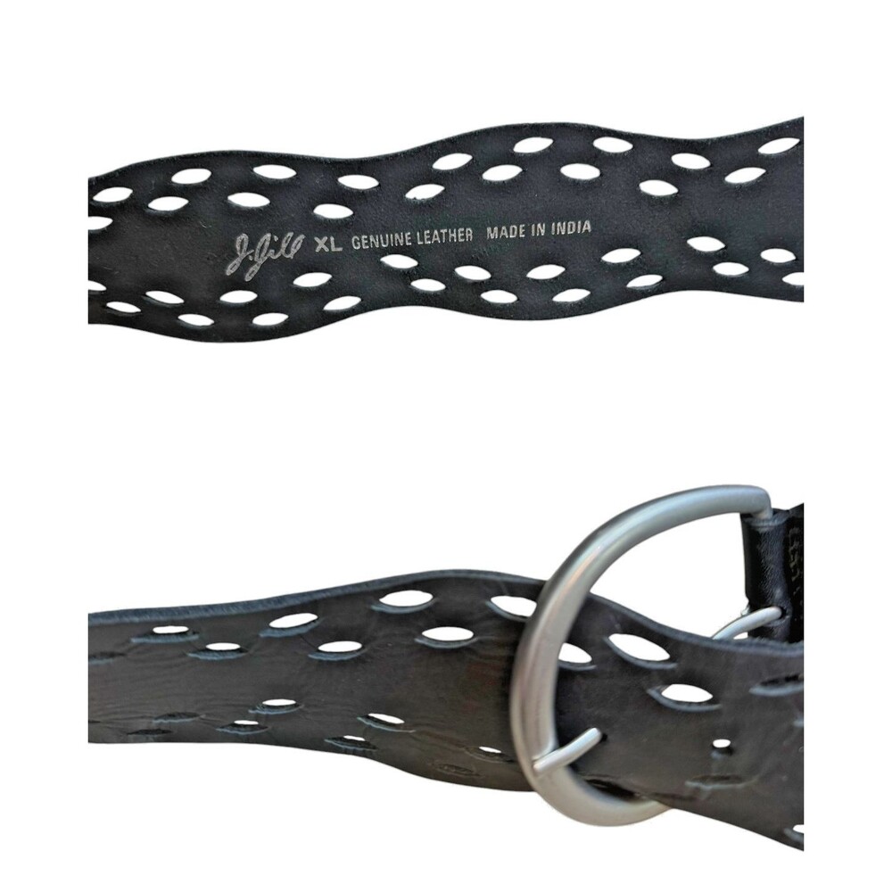 J Jill Punch Design Wide Black Leather Belt Women Size XL Hip Waist Hippie Boho - Picture 3 of 7